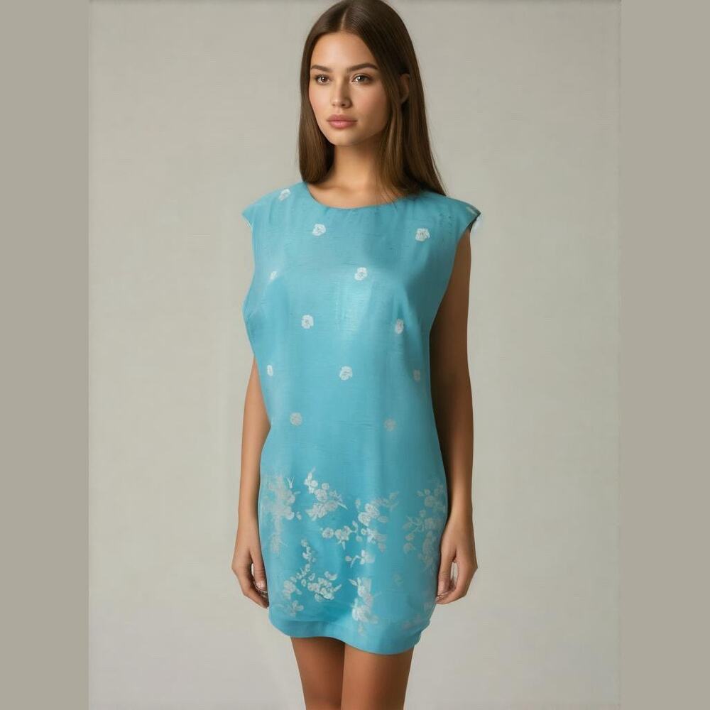 Dawn Joy Vintage Aqua Embossed Floral Sleeveless Sheath Dress Women Sz 13/14